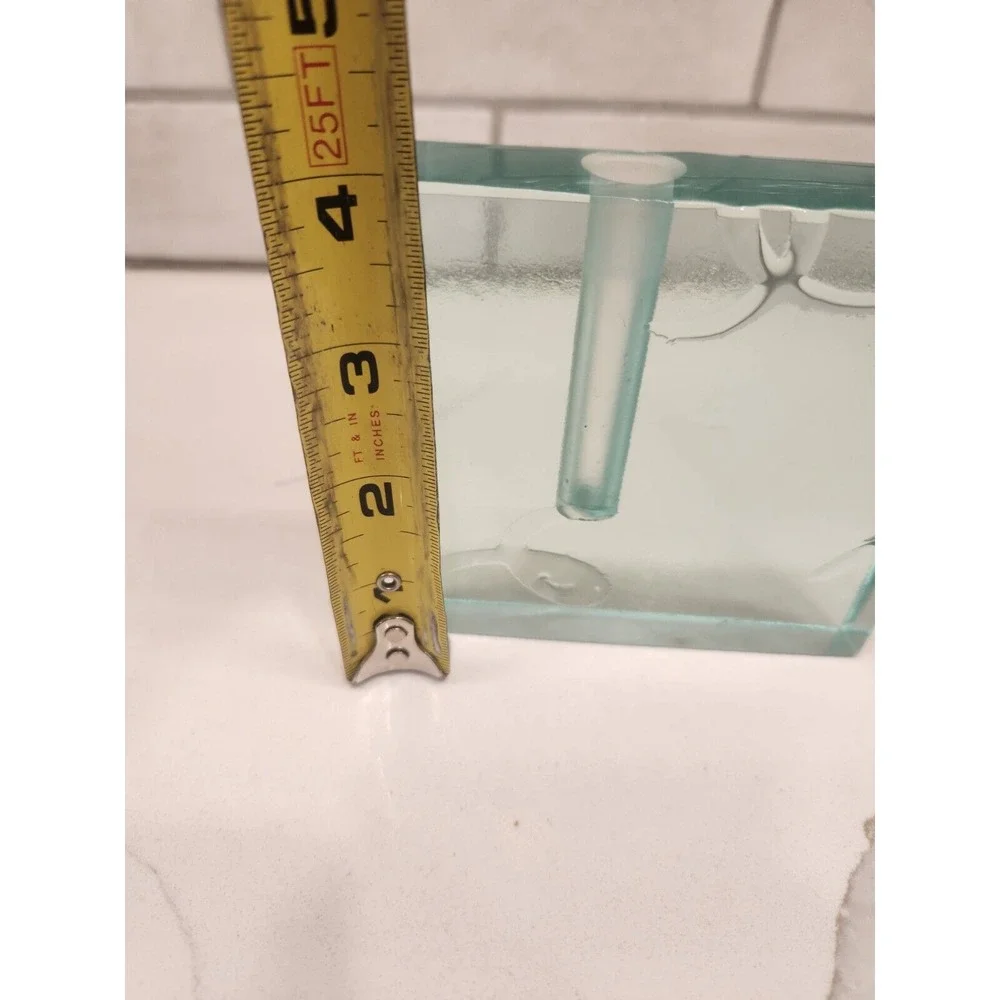 Vtg. Stephen Schlanser Art‎ Glass Etched Square Bud Vase Pen Holder Signed Dated